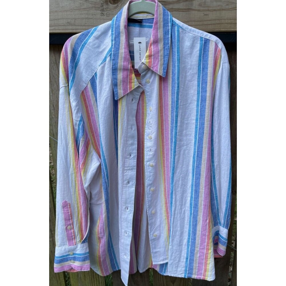 Lane Bryant No-Peek Collection Womens Striped Button Down Shirt Size 18/20 Linen